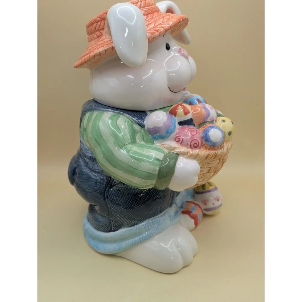 CKA Ceramic Easter Bunny Cookie Jar Vtg Rabbit Holding Basket Eggs Straw Hat *
